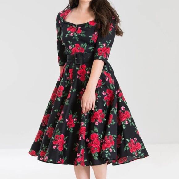 Hell Bunny Vixen 3/4 Sleeve Sweetheart Bust Red Floral Rockabilly Dress Size XS - Picture 2 of 10